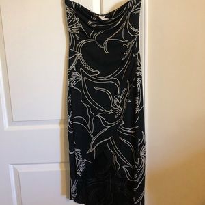 Stretchy strapless cocktail dress.